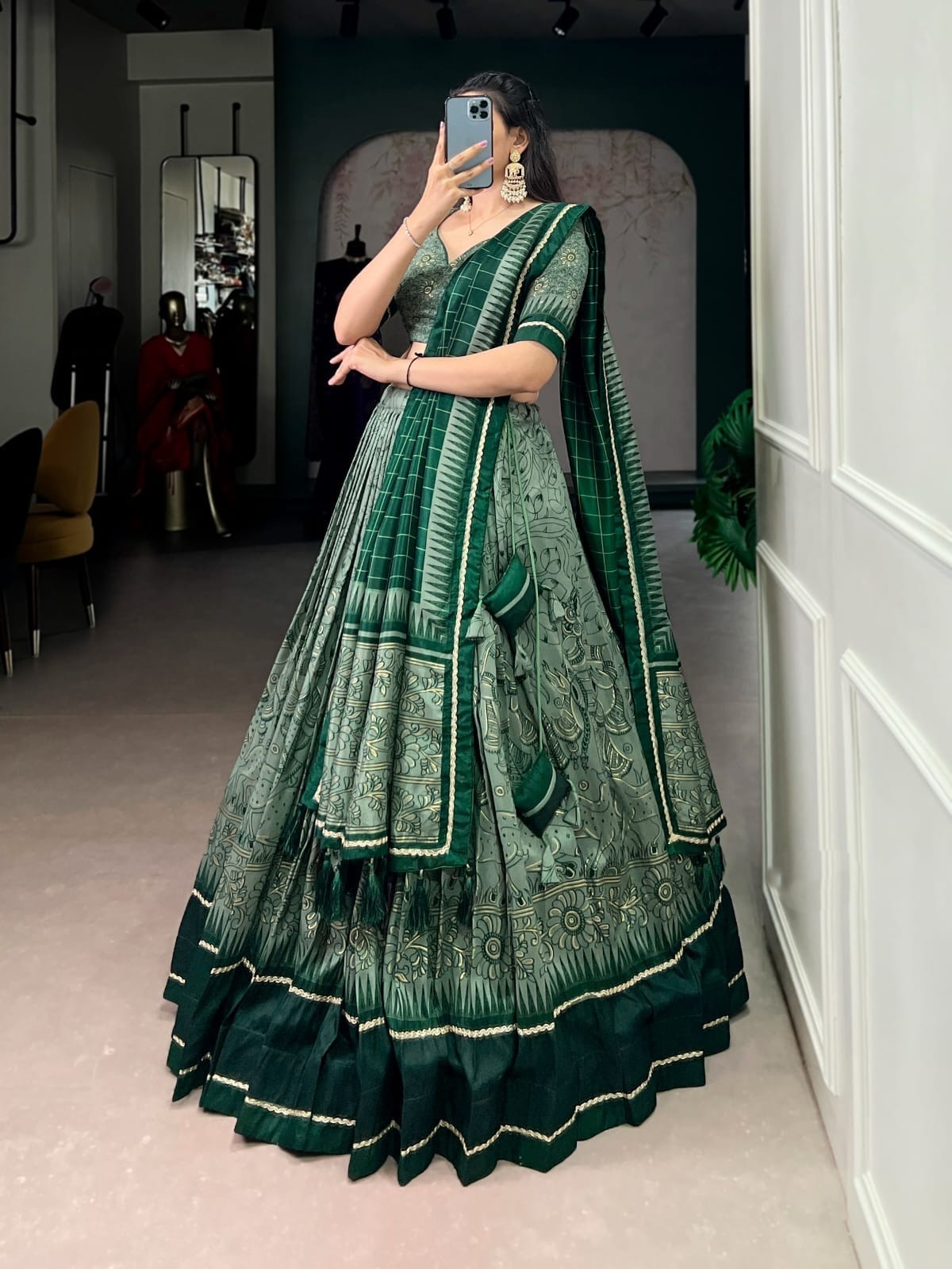 Tasar Silk Kalamkari Printed Lehenga with Lace Border & Tassel Dupatta